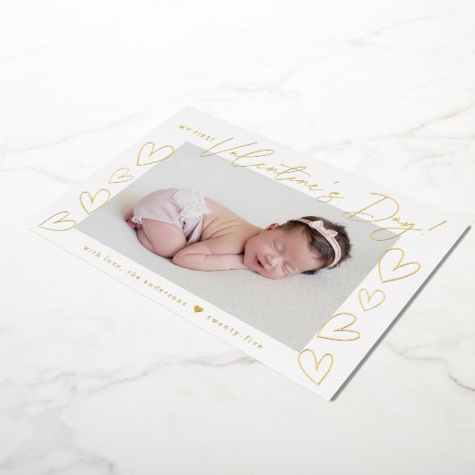 My First Valentine's Day金ゴールドスクリプトの写真 箔シーズンカード (回転した状態)