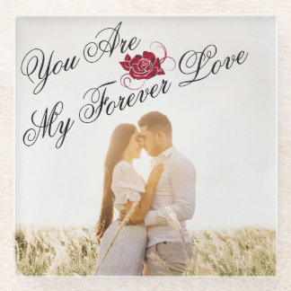 「My Forever Love」レッドローズの写ユニーク真エレガント ガラスコースター