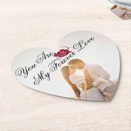"My Forever Love"赤いローズエレガントハート形 ペーパーコースター (アングル)
