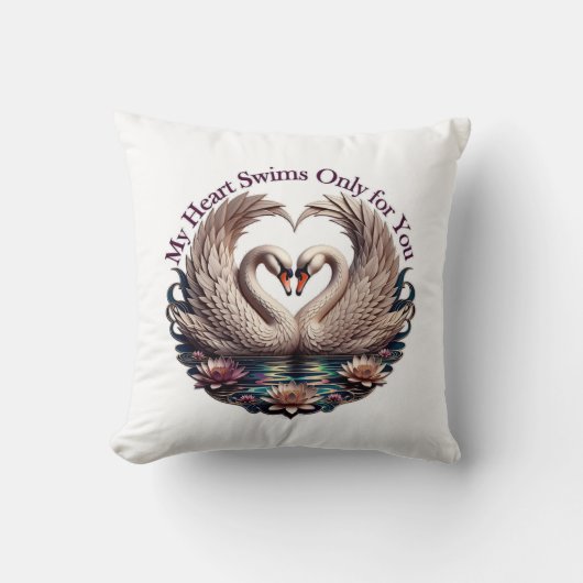 My Heart Swims Only for You Swan Heart T-Shirt クッション (正面)