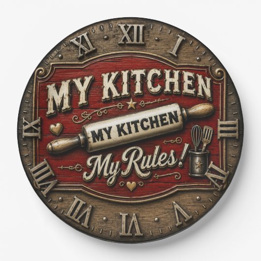 My Kitchen My Rules Rustic Farmhouse Rolling Pin ペーパープレート (正面)