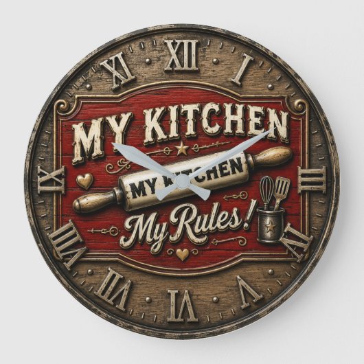 My Kitchen My Rules Rustic Farmhouse Rolling Pin ラージ壁時計 (正面)