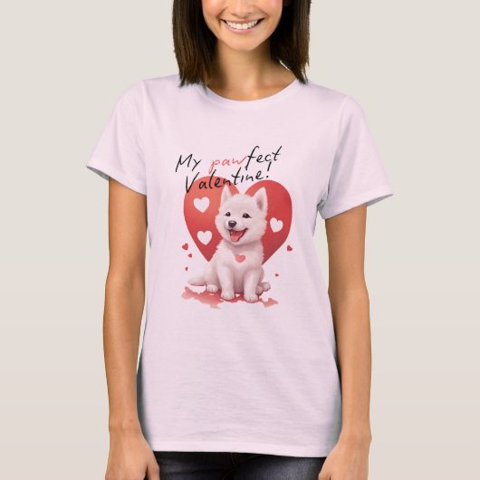 My Pawfect Valentine – かわいい白Jindo Puppy Tシャツ (正面)