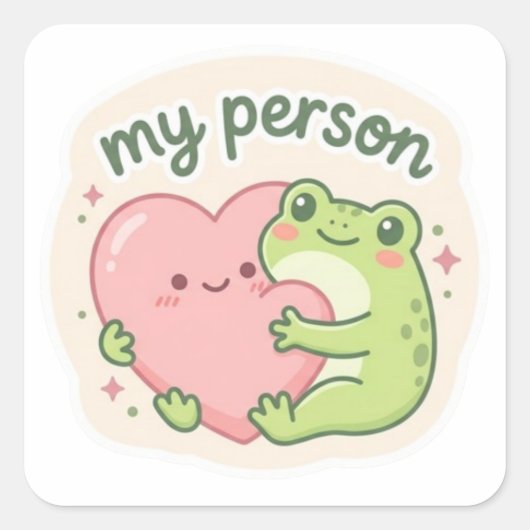 My Person Frog Sticker Cute Frog Hugging Heart Rom スクエアシール (正面)