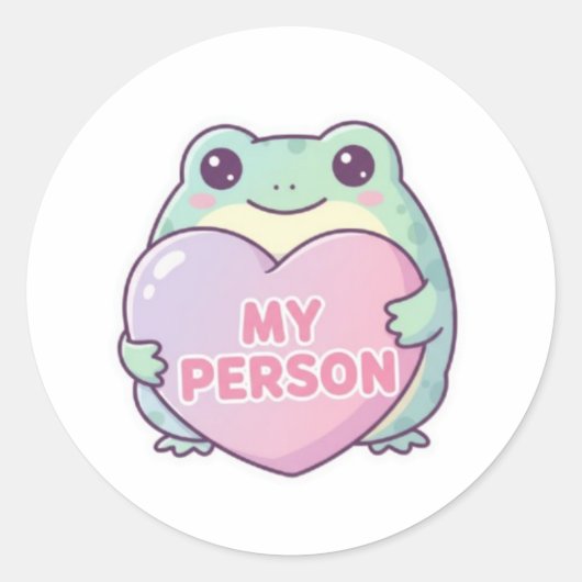 My Person Frog Sticker Cute Frog Hugging Heart Rom ラウンドシール (正面)