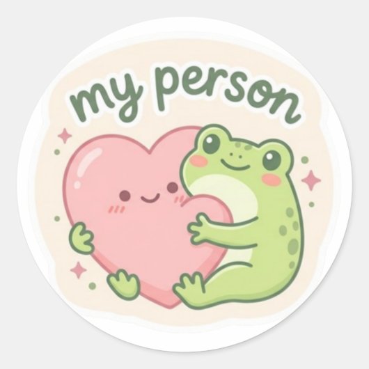 My Person Frog Sticker Cute Frog Hugging Heart Rom ラウンドシール (正面)