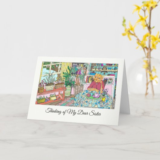 My Sister 考え親愛 with Cat at Table カード (黄色い花)