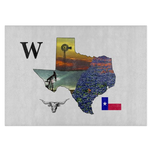 My Texas - テキサスの地図の輪郭と去勢牛と揚油ポンプと風車 カッティングボード (正面)