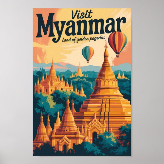Myanmar Pagodas Illustration Travel Art Vintage ポスター (正面)