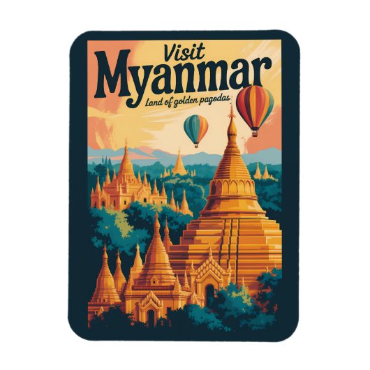 Myanmar Pagodas Illustration Travel Art Vintage マグネット (縦)