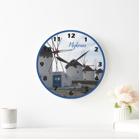 Mykonos、ギリシャの有名な風車 ラージ壁時計 (ホーム)