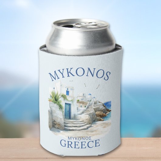 Mykonos Coastal Fantasy in Watercolor 缶クーラー