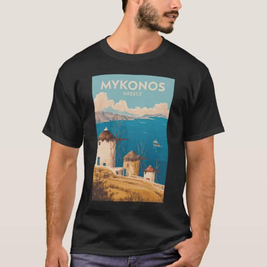Mykonos Greece Illustration Travel Art Vintage Tシャツ (正面)
