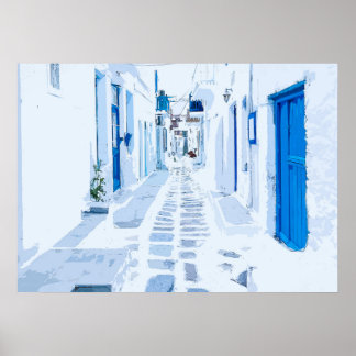 MyKonos Greece Water Color Digital 絵画's ポスター