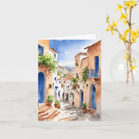 Mykonos Greece Watercolor カード (黄色い花)