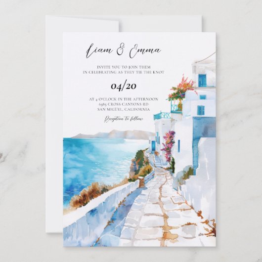 Mykonos Greece Watercolor Wedding 招待状 (正面)