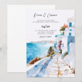 Mykonos Greece Watercolor Wedding 招待状 (正面/裏面)
