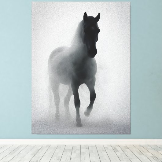 Mysterious Black Horse Emerging from Mist キャンバスプリント (インサイチュ (ウッドフロア))