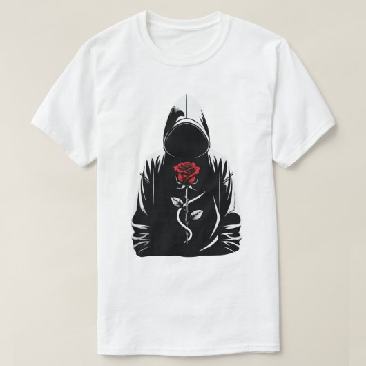 Mysterious Hooded Figure with Red Rose – Dark Love Tシャツ (デザイン正面)
