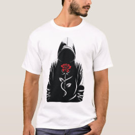 Mysterious Hooded Figure with Red Rose – Dark Love Tシャツ