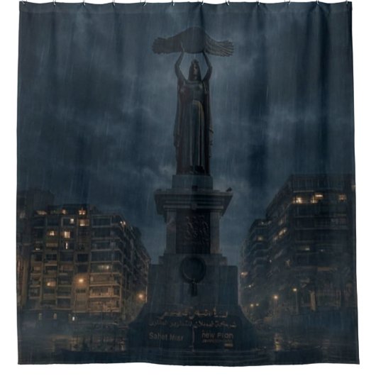 Mysterious Night City Statue Shower Curtain シャワーカーテン (正面)
