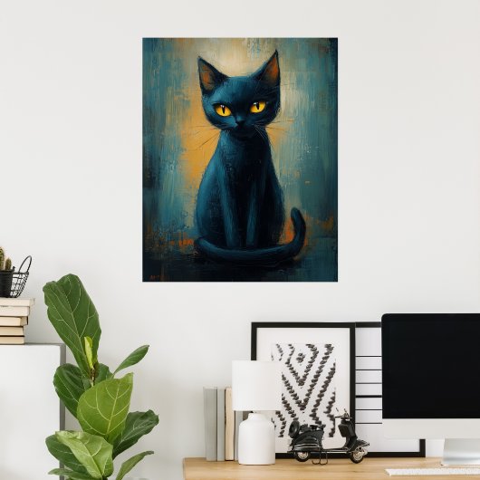 Mystic Black Cat in Teal Shadows ポスター (ホームオフィス)
