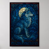 Mystic Blue Wolf – Stained Glass Style Wall Art ポスター (正面)