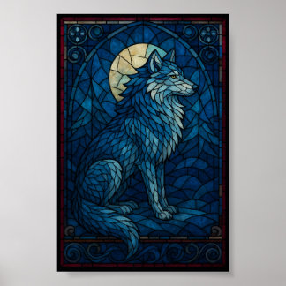 Mystic Blue Wolf – Stained Glass Style Wall Art ポスター
