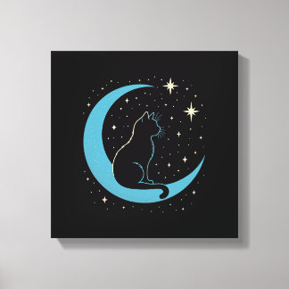 Mystic Cat on Blue Moon Night Sky キャンバスプリント