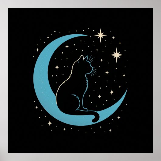 Mystic Cat on Blue Moon Night Sky ポスター (正面)