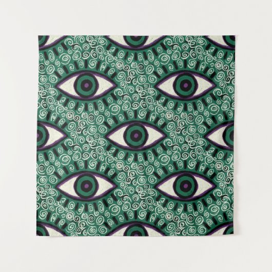 "Mystic Emerald Eyes" - Psychedelic Swirl Seamless タペストリー (正面)