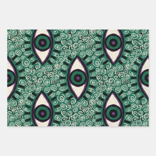 "Mystic Emerald Eyes" - Psychedelic Swirl Seamless ラッピングペーパーシート (正面)