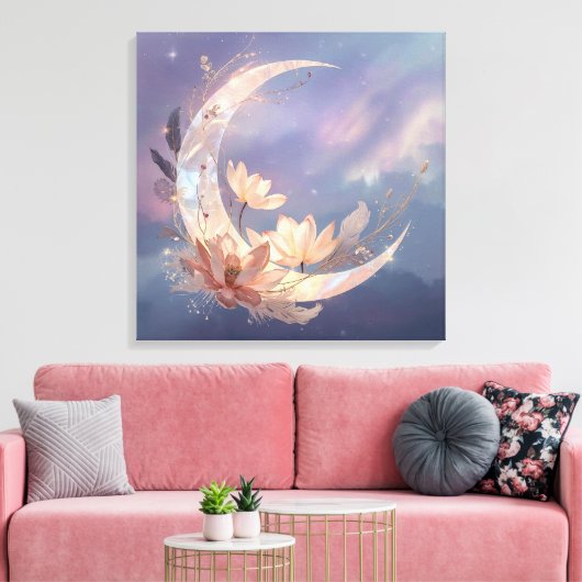 Mystic Feather Moon Boho Wall Art | Spiritual  キャンバスプリント (インサイチュ (リビング))
