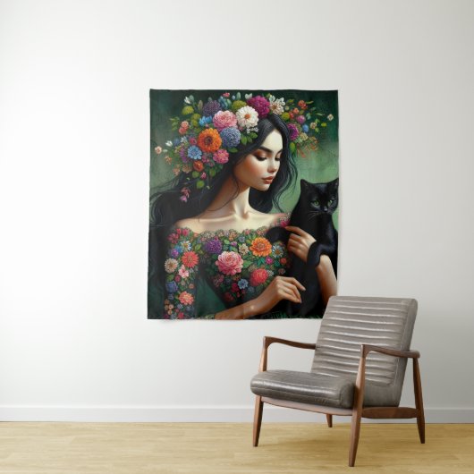 Mystic Floral Goddess with Black Cat – Fantasy Art タペストリー (インサイチュ)