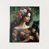 Mystic Floral Goddess with Black Cat – Fantasy Art タペストリー (正面)