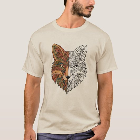 Mystic Fox Head Half Color Half Sketch Wildlife Tシャツ (正面)