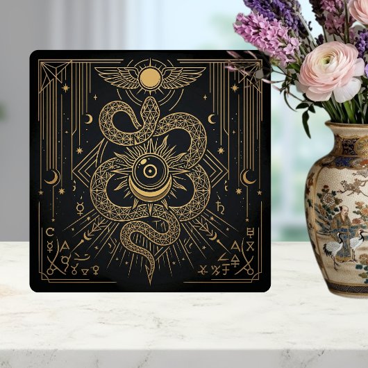 Mystic Gold Snaket Sun Celestial Astrology Art タイル