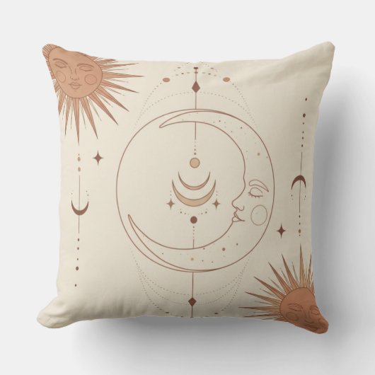 Mystic Sun and Moon Celestial Boho Throw Pillow クッション (正面)