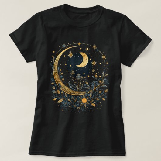 Mystic Sun and Moon Floral Celestial Art Tシャツ (デザイン正面)