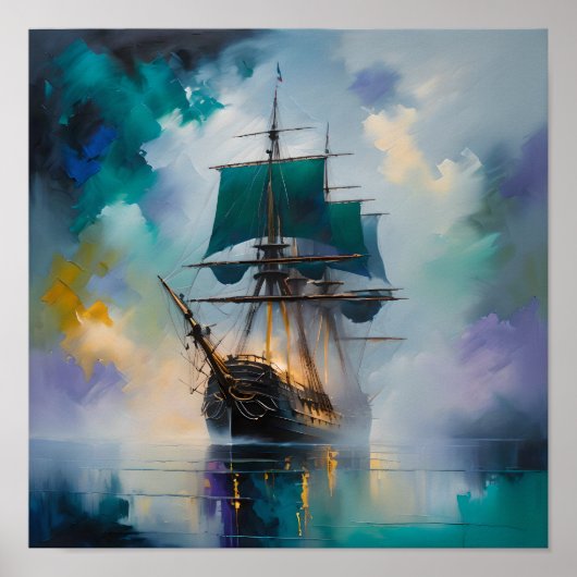 Mystic Tall Ship in Fog – Dreamlike Nautical Paint ポスター (正面)