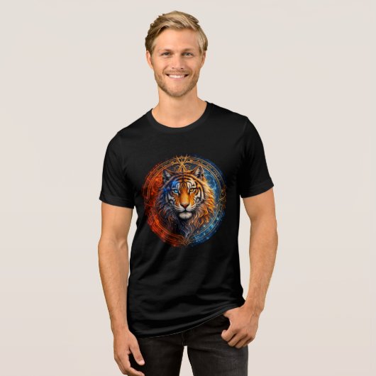Mystic Tiger – Fire and Ice Mandala Art トライブレンドTシャツ (正面全面)