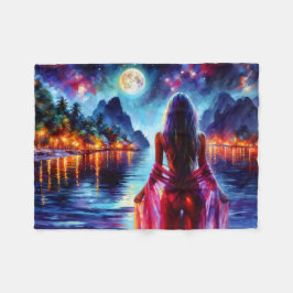 Mystic woman under full moon reflections art フリースブランケット