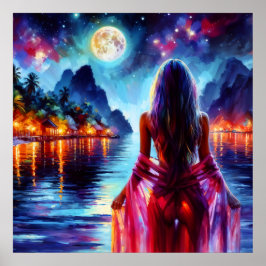 Mystic woman under full moon reflections art ポスター