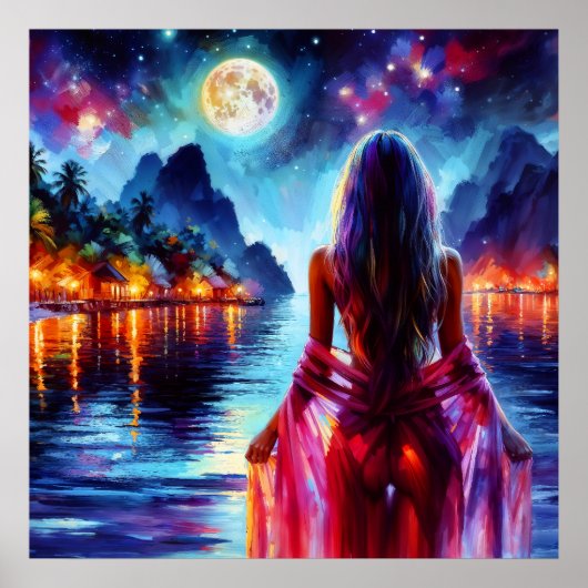 Mystic woman under full moon reflections art ポスター (正面)