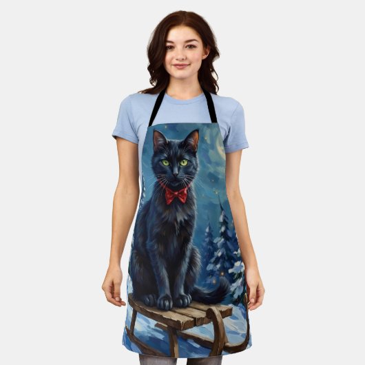 Mystical Black Cat Enchanted Winter Sled Christmas エプロン (着用した状態)