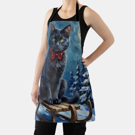 Mystical Black Cat Enchanted Winter Sled Christmas エプロン (インサイチュ)