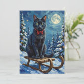 Mystical Black Cat Enchanted Winter Sled Christmas シーズンカード (スタンド正面)