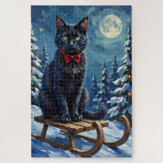 Mystical Black Cat Enchanted Winter Sled Christmas ジグソーパズル (縦)