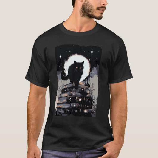 Mystical Black Cat on Celestial Book Stack Tシャツ (正面)