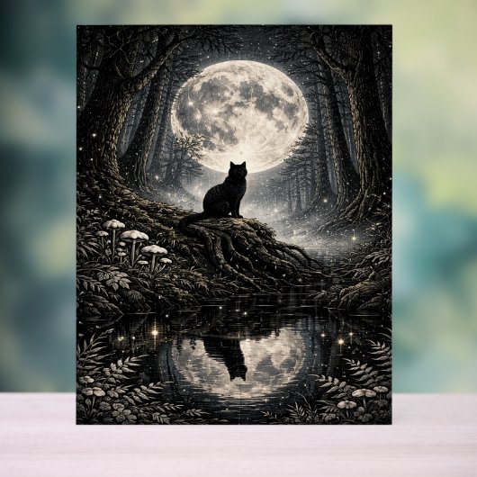 Mystical Black Cat Under Full Moon Forest  アクリルサイン (ニュートラル)